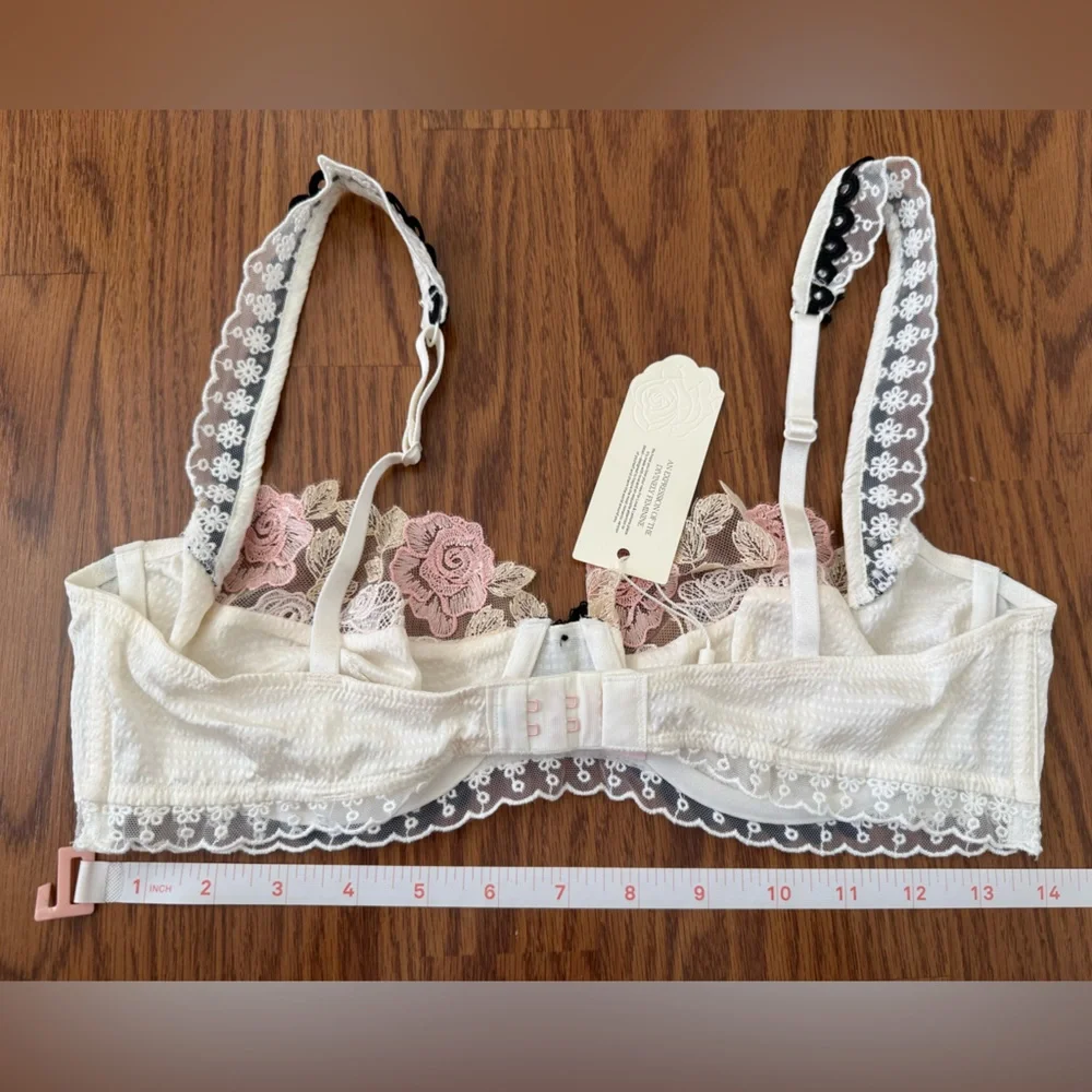🌷 For Love and Lemons Evie Floral Underwire Bra in Cream Pink Florals Lace - 34D - Picture 5 of 15
